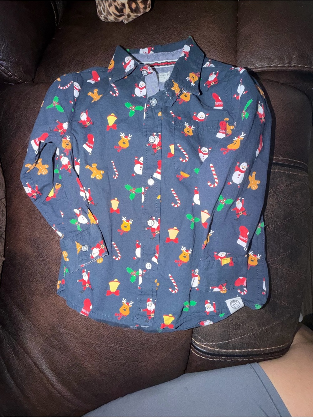 Free Planet Navy Blue Holiday Button-Down Shirt with Colorful Print